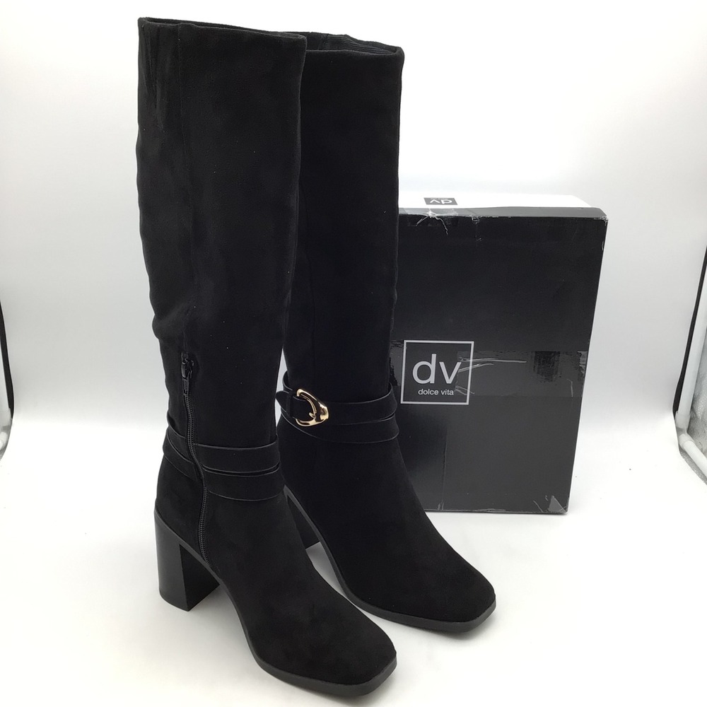 Dolce Vita DV Finnian Black Suede Knee High Block Heel Boots Womens Size 8 NEW